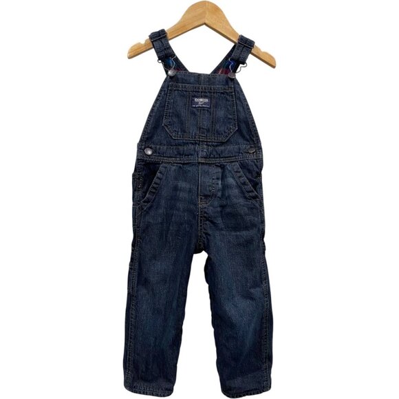 Oshkosh B'gosh Toddler Vestbak Dark Blue Denim Overalls Plaid Lining 24 months - Picture 2 of 7